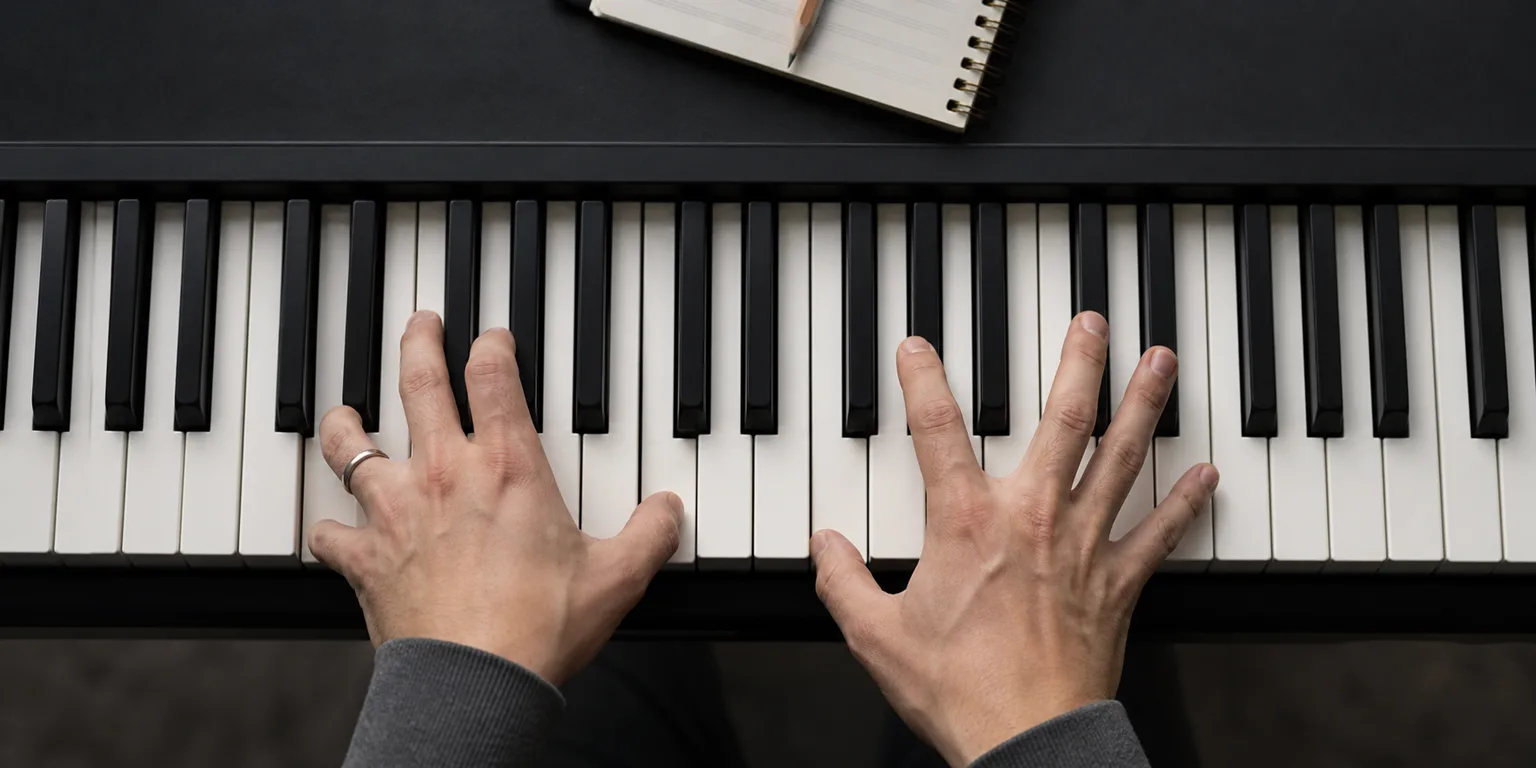 Hands practicing worship piano chords
