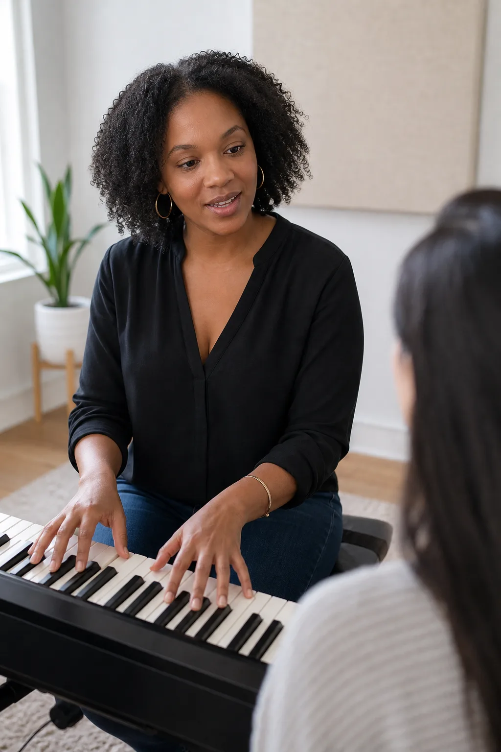 A worship piano teacher helping a learner understand chords