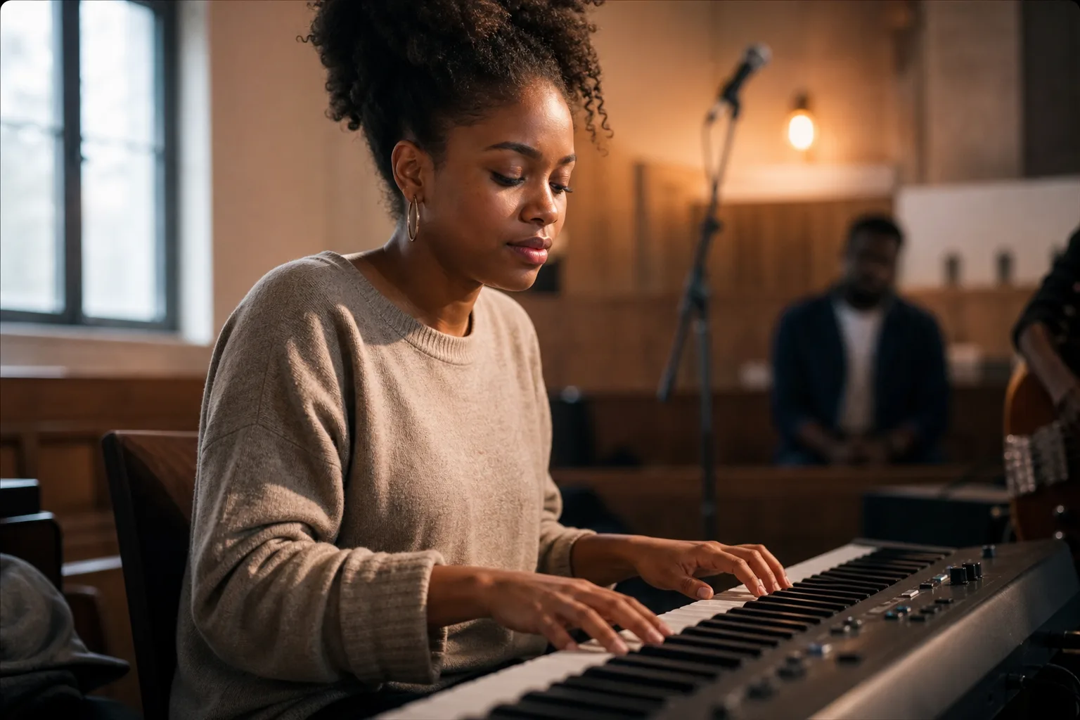 Church musician learning worship piano during rehearsal