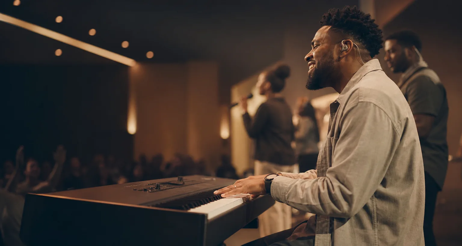 Worship keyboardist playing piano in a church service